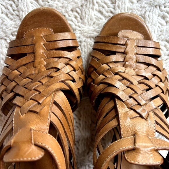 Tory Burch Nadia Huarache Sandals Women's 9 M Tan Leather Open Toe Heels‎ Logo - Picture 3 of 11